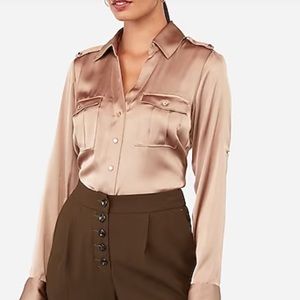 Express Slim Fit Satin Military Portofino Shirt Gold